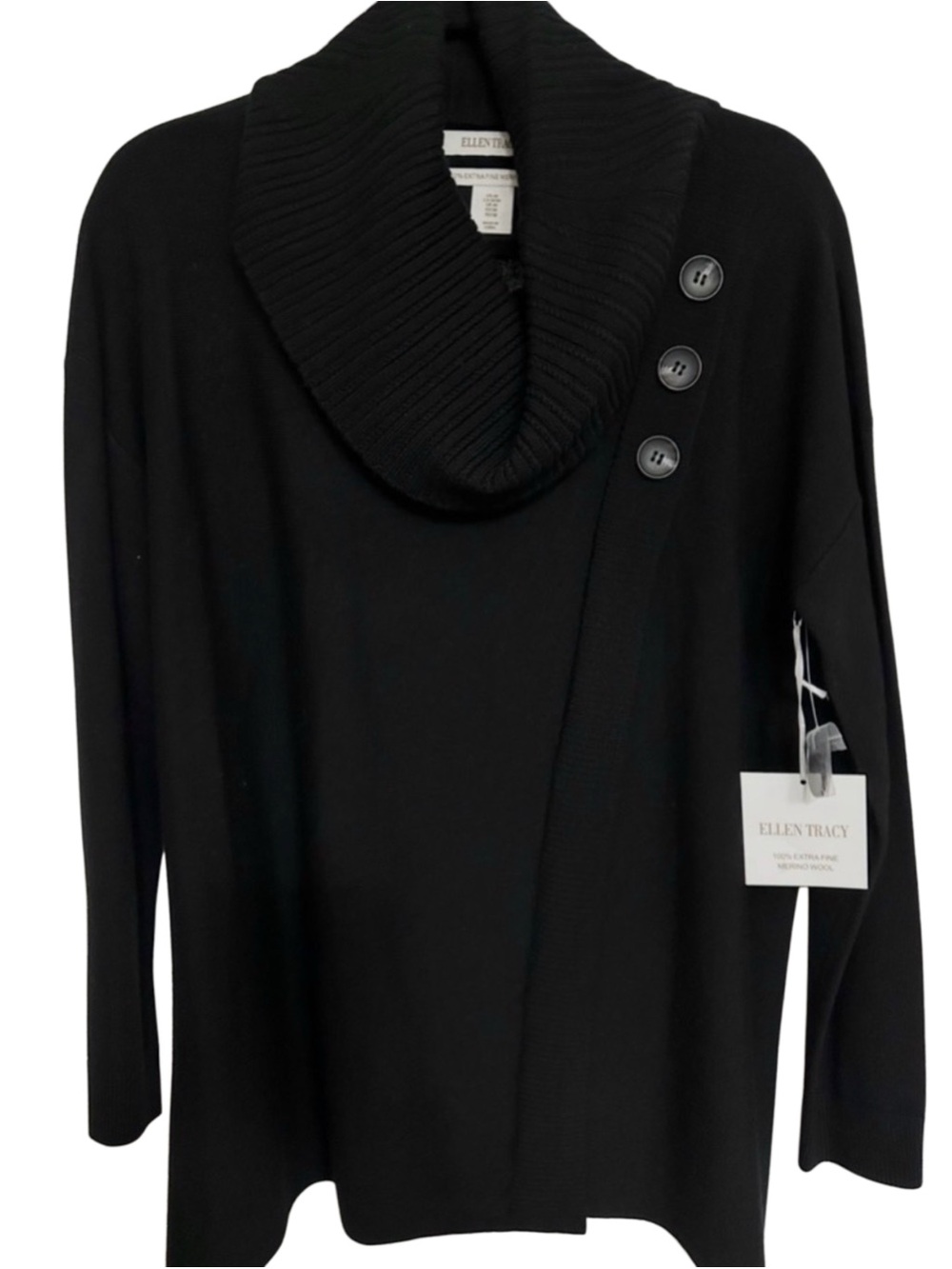Ellen Tracy 100% Extra Fine Merino Wool Black Cowl Neck Sweater NWT Size M